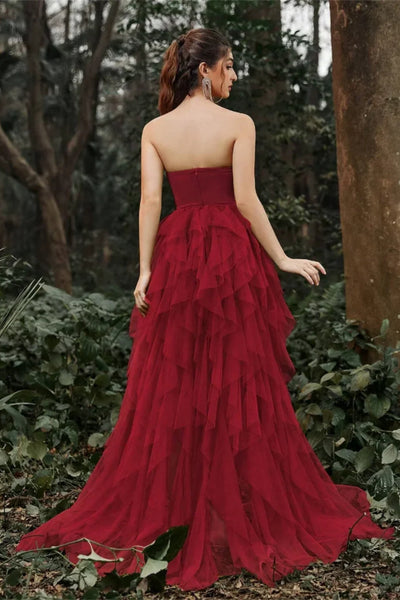 Purple/Burgundy Tulle Strapless Ruffle Long Prom Dresses with High Slit, Purple/Burgundy Formal Graduation Evening Dresses WT1743