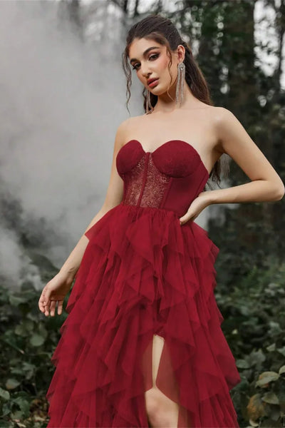 Purple/Burgundy Tulle Strapless Ruffle Long Prom Dresses with High Slit, Purple/Burgundy Formal Graduation Evening Dresses WT1743