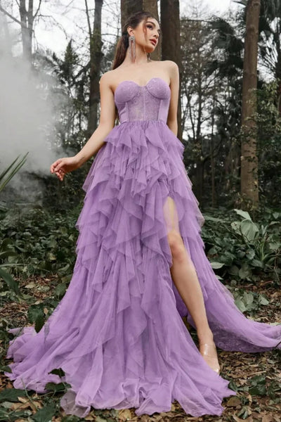Purple/Burgundy Tulle Strapless Ruffle Long Prom Dresses with High Slit, Purple/Burgundy Formal Graduation Evening Dresses WT1743