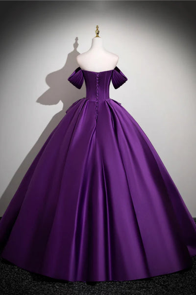 Purple Satin A Line Off the Shoulder Long Prom Dresses, Off Shoulder Purple Formal Dresses, Purple Evening Dresses WT1822