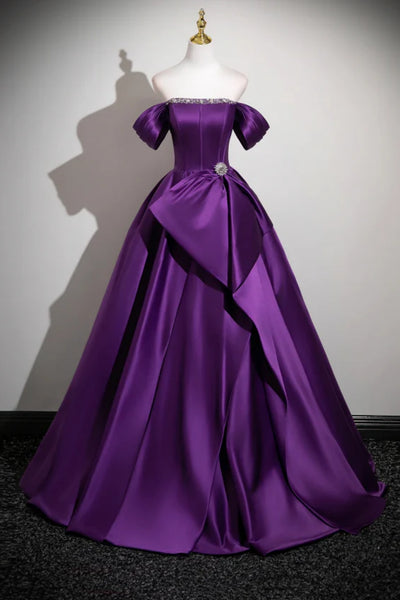 Purple Satin A Line Off the Shoulder Long Prom Dresses, Off Shoulder Purple Formal Dresses, Purple Evening Dresses WT1822