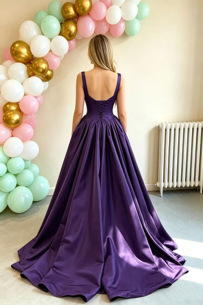 Purple Satin A Line Open Back Long Prom Dresses, Pupel Formal Graduation Evening Dresses WT1829