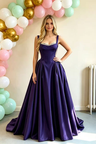 Purple Satin A Line Open Back Long Prom Dresses, Pupel Formal Graduation Evening Dresses WT1829
