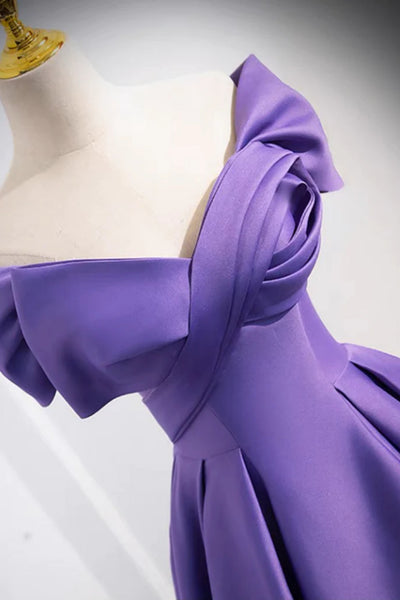 Purple Satin Off Shoulder Long Prom Dresses, Off the Shoulder Formal Dresses, Purple Evening Dresses WT1426