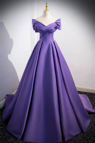 Purple Satin Off Shoulder Long Prom Dresses, Off the Shoulder Formal Dresses, Purple Evening Dresses WT1426