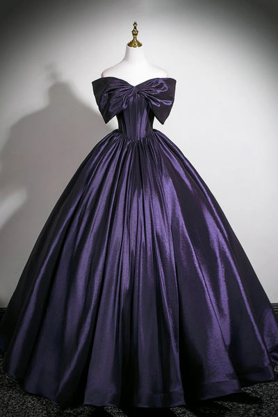 Purple Satin Off the Shoulder Long Prom Dresses, Off Shoulder Purple Formal Evening Dresses WT1682