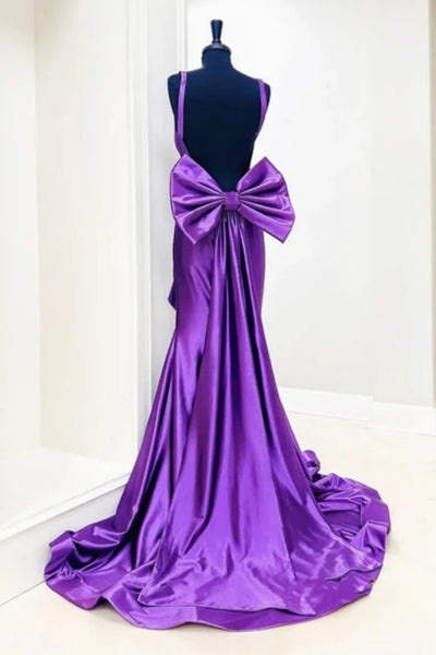 Purple Satin V Neck Open Back Mermaid Long Prom Dresses with Slit, Mermaid Purple Formal Graduation Evening Dresses WT1690