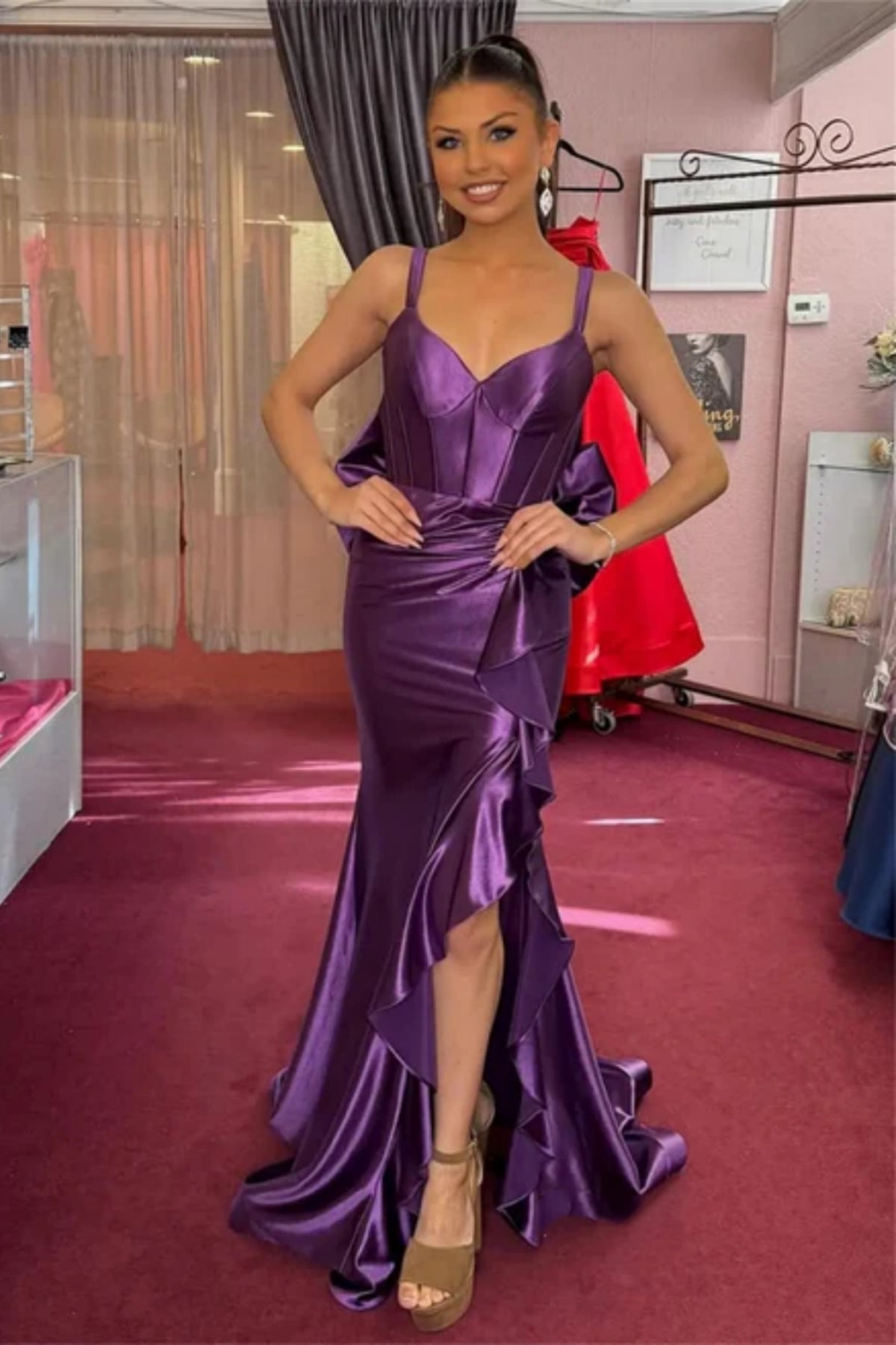 Purple Satin V Neck Open Back Mermaid Long Prom Dresses with Slit, Mermaid Purple Formal Graduation Evening Dresses WT1690
