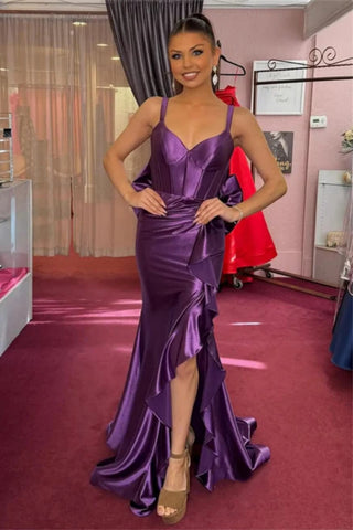 Purple Satin V Neck Open Back Mermaid Long Prom Dresses with Slit, Mermaid Purple Formal Graduation Evening Dresses WT1690