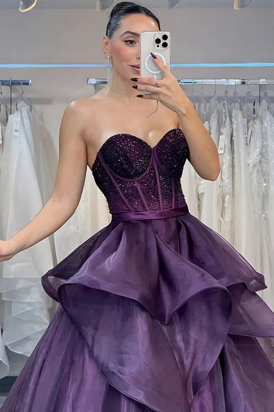 Purple Strapless Sweetheart Neck Beaded Long Prom Dresses, Purple Formal Evening Dresses, Ball Gown WT1687