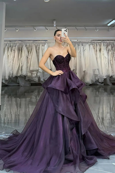 Purple Strapless Sweetheart Neck Beaded Long Prom Dresses, Purple Formal Evening Dresses, Ball Gown WT1687