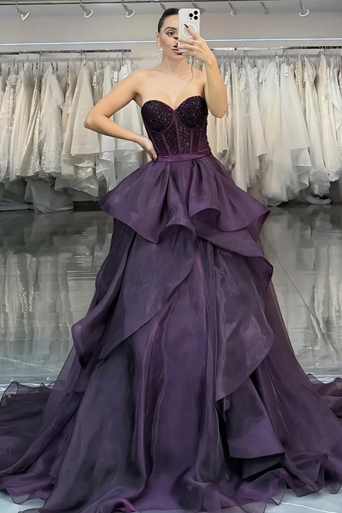 Purple Strapless Sweetheart Neck Beaded Long Prom Dresses, Purple Formal Evening Dresses, Ball Gown WT1687