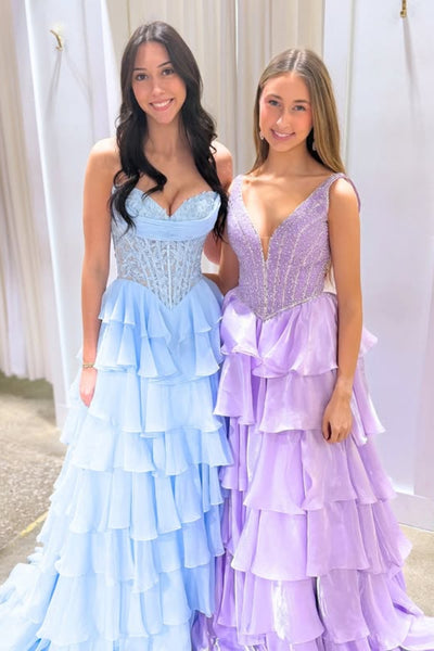 Purple Tulle A Line V Neck Layered Beaded Long Prom Dresses, Purple Formal Graduation Evening Dresses WT1803