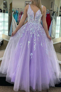 Purple Tulle A Line V Neck Open Back Lace Long Prom Dresses, Purple Lace Formal Dresses, Purple Evening Dresses WT1348