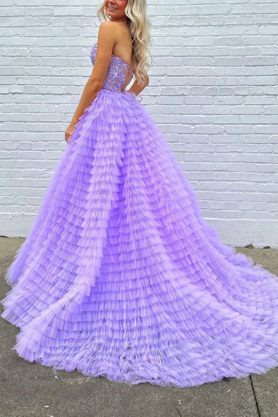 Purple Tulle Gorgeous Strapless Sweetheart Neck Lace Long Prom Dresses, Purple Lace Formal Evening Dresses, Purple Ball Gown WT11461