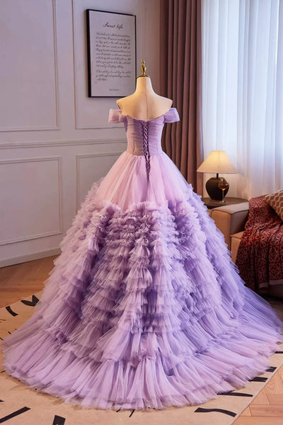 Purple Tulle Off Shoulder Long Prom Dresses, Off the Shoulder Formal Evening Dresses, Purple Ball Gown WT1423
