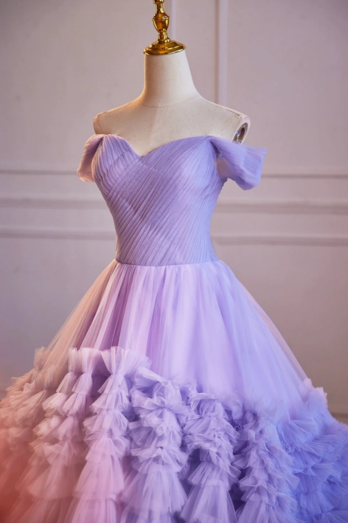 PurpleTulleOffShoulderLongProm