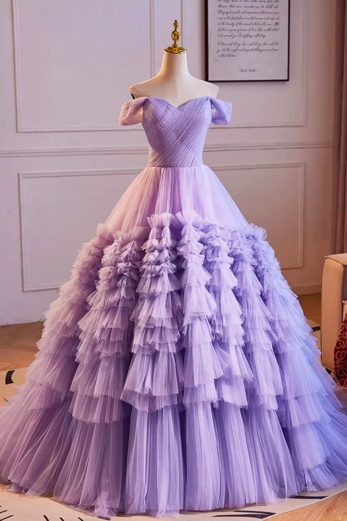 Purple Tulle Off Shoulder Long Prom Dresses, Off the Shoulder Formal E Lwt Dress Purple Tulle Off Shoulder Long Prom Dresses, Off the Shoulder Formal E Lwt Dress