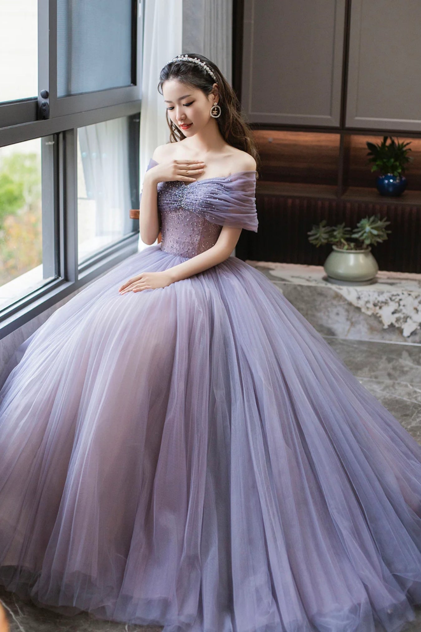 Purple Tulle Off Shoulder Long Prom Dresses with Beadings, Purple Bead