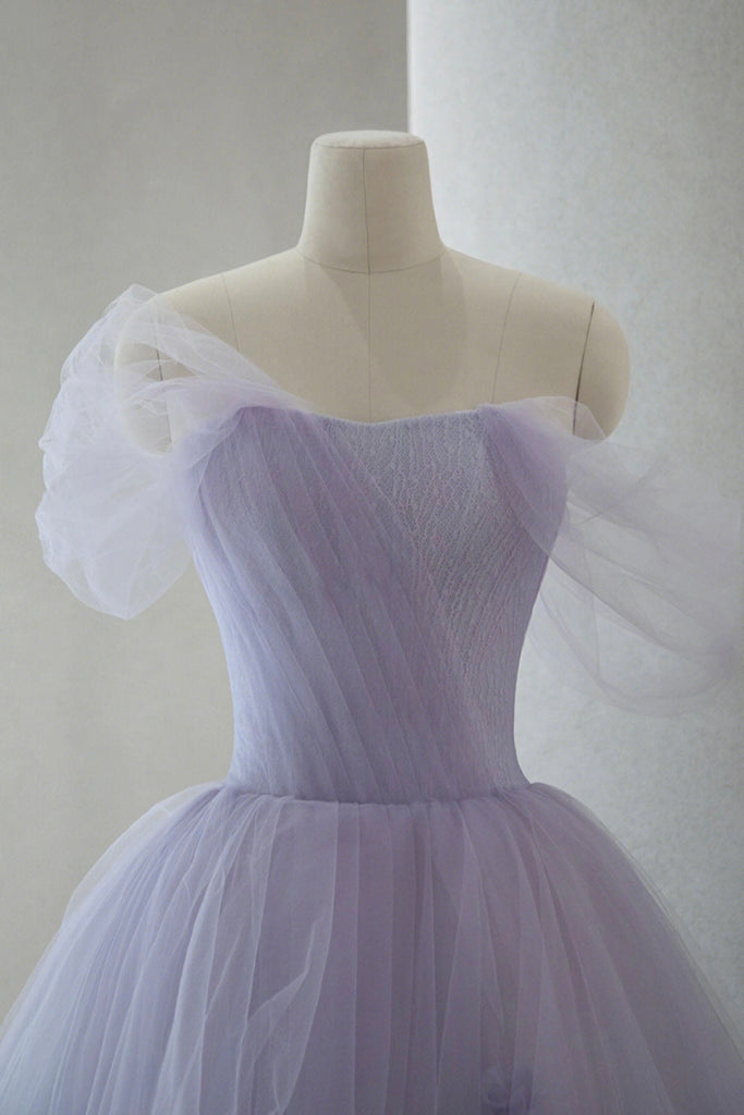 Purple Tulle Off the Shoulder Floral Prom Dresses, Off the Shoulder Li