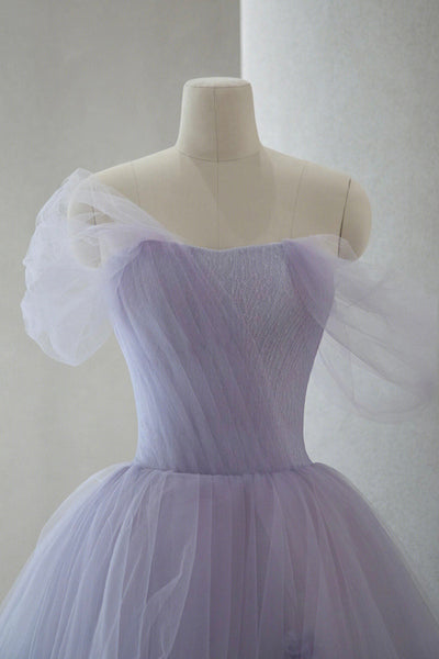 Purple Tulle Off the Shoulder Floral Prom Dresses, Off the Shoulder Lilac Homecoming Dresses, Purple Floral Formal Evening Dresses WT1253