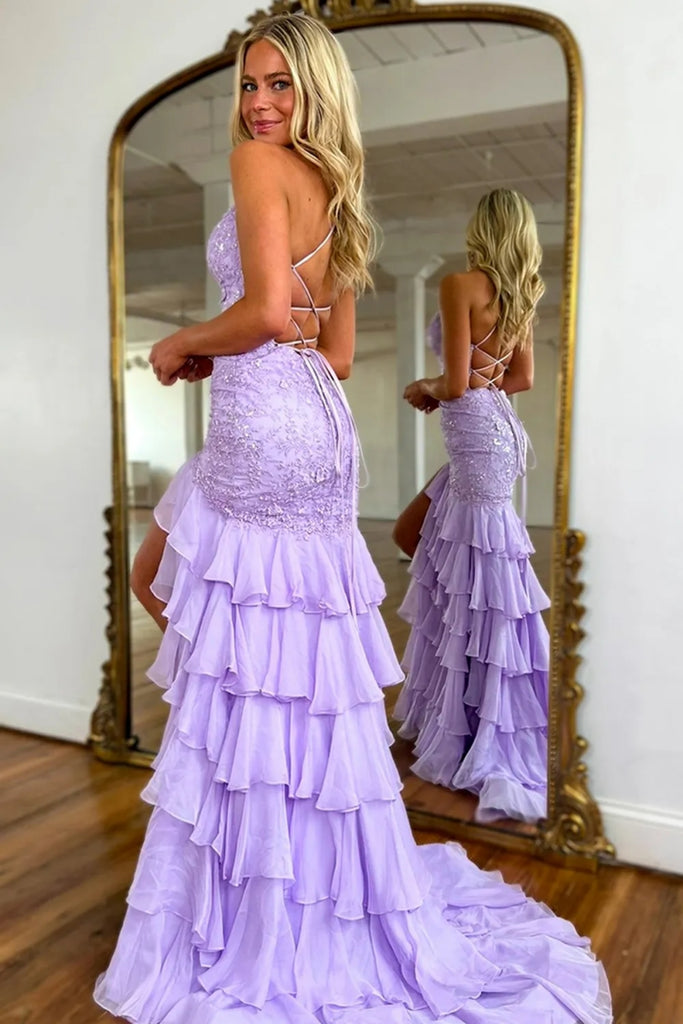 Purple V Neck Backless Mermaid Lace Long Prom Dresses, Lilac Lace Form Lwt Dress Purple V Neck Backless Mermaid Lace Long Prom Dresses, Lilac Lace Form Lwt Dress