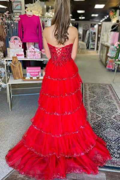 Red A Line Layered Lace Sequins Long Prom Dresses with High Slit, Red Lace Formal Graduation Evening Dresses WT1664