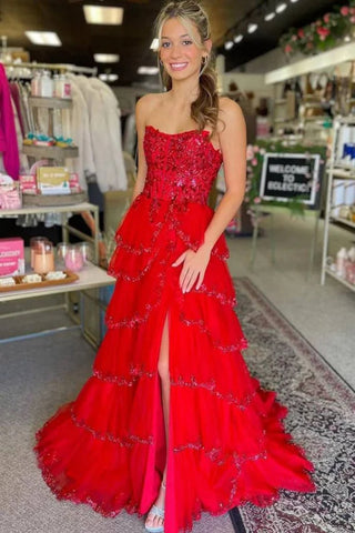 Red A Line Layered Lace Sequins Long Prom Dresses with High Slit, Red Lace Formal Graduation Evening Dresses WT1664