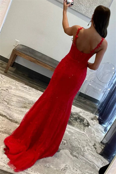 Red Lace Mermaid Long Prom Dresses with Train, Mermaid Red Formal Dresses, Red Lace Evening Dresses WT1322