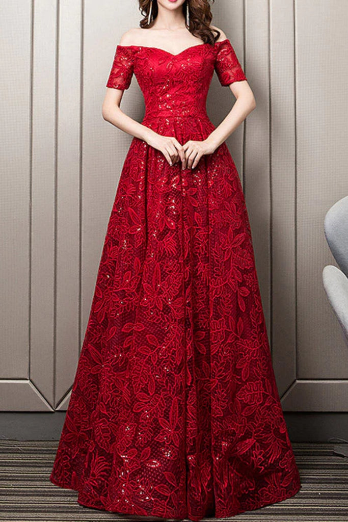 Red Lace Off the Shoulder Long Prom Dresses, Off Shoulder Red Formal D