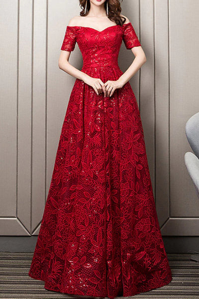 Red Lace Off the Shoulder Long Prom Dresses, Off Shoulder Red Formal Dresses, Red Lace Evening Dresses WT1281