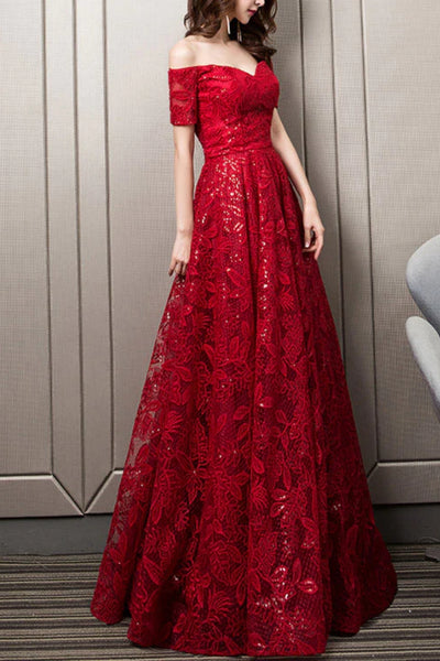 Red Lace Off the Shoulder Long Prom Dresses, Off Shoulder Red Formal Dresses, Red Lace Evening Dresses WT1281