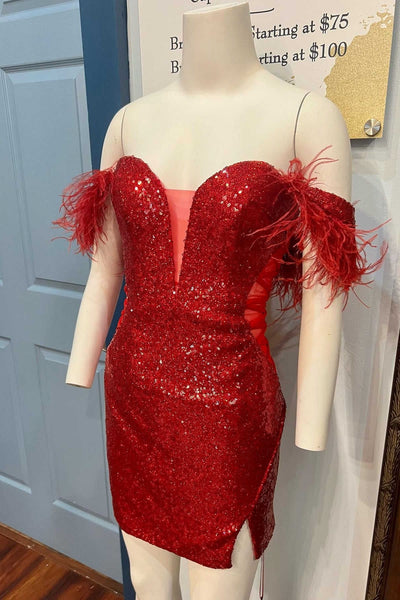 Red Off Shoulder Feather Sequins Short Prom Dresses, Off the Shoulder Red Homecoming Dresses, Short Red Formal Graduation Evening Dresses WT1307
