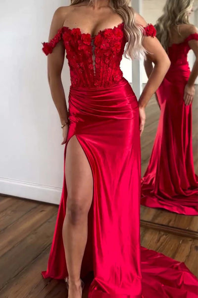Red Off Shoulder Mermaid Floral Long Prom Dresses with High Slit, Off the Shoulder Red Formal Dresses, Red Evening Dresses WT1476