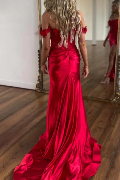 Red Off Shoulder Mermaid Floral Long Prom Dresses with High Slit, Off the Shoulder Red Formal Dresses, Red Evening Dresses WT1476