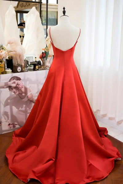 Red Open Back A Line Spaghetti Straps Long Prom Dresses, Long Red Formal Graduation Evening Dresses WT1375