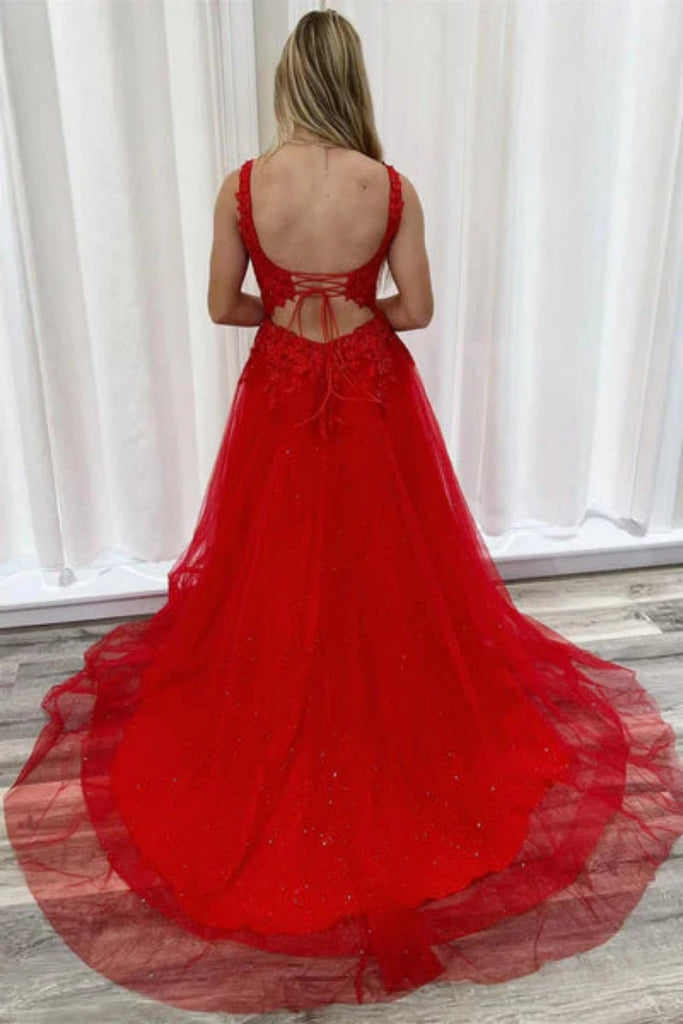 Red Open Back Lace Long Prom Dresses with High Slit, Red Lace Formal D Lwt Dress Red Open Back Lace Long Prom Dresses with High Slit, Red Lace Formal D Lwt Dress