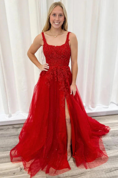 Red Open Back Lace Long Prom Dresses with High Slit, Red Lace Formal Dresses, Red Evening Dresses WT1539