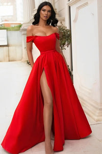 Red Satin A Line Off the Shoulder Long Prom Dresses with High Slit, Long Red Formal Graduation Evening Dresses