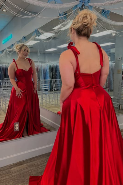 Red Satin A Line Sweetheart Neck Long Prom Dresses with Pocket, Long Red Formal Graduation Evening Dresses WT1745