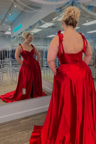 Red Satin A Line Sweetheart Neck Long Prom Dresses with Pocket, Long Red Formal Graduation Evening Dresses WT1745