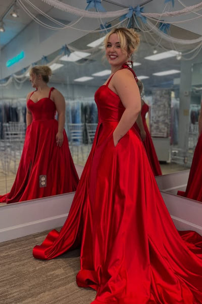 Red Satin A Line Sweetheart Neck Long Prom Dresses with Pocket, Long Red Formal Graduation Evening Dresses WT1745