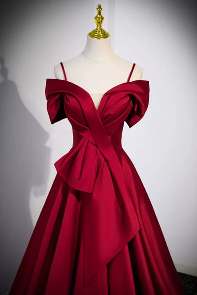 Red Satin Off Shoulder Long Prom Dresses, Off the Shoulder Formal Dresses, Wine Red Evening Dresses WT1255