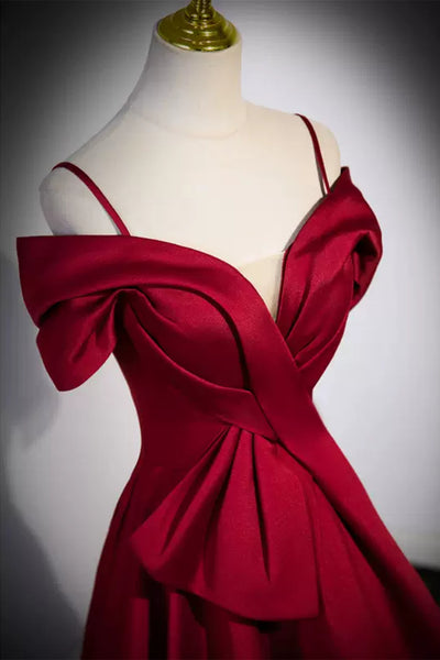Red Satin Off Shoulder Long Prom Dresses, Off the Shoulder Formal Dresses, Wine Red Evening Dresses WT1255