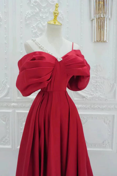 Red Satin Off Shoulder Long Prom Dresses, One Shoulder Red Formal Dresses, Red Evening Dresses WT1419