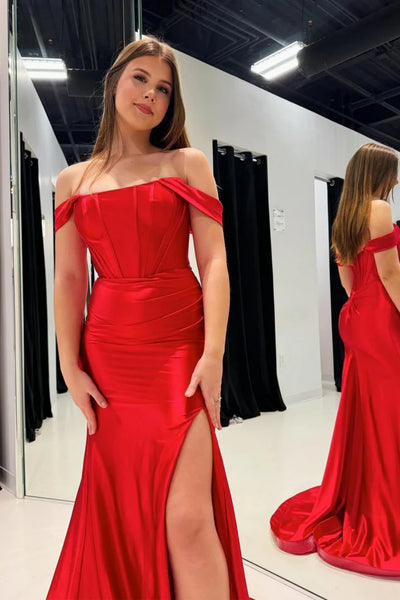 Red Satin Off the Shoulder Mermaid Long Prom Dresses, High Slit Red Formal Graduation Evening Dresses WT1582