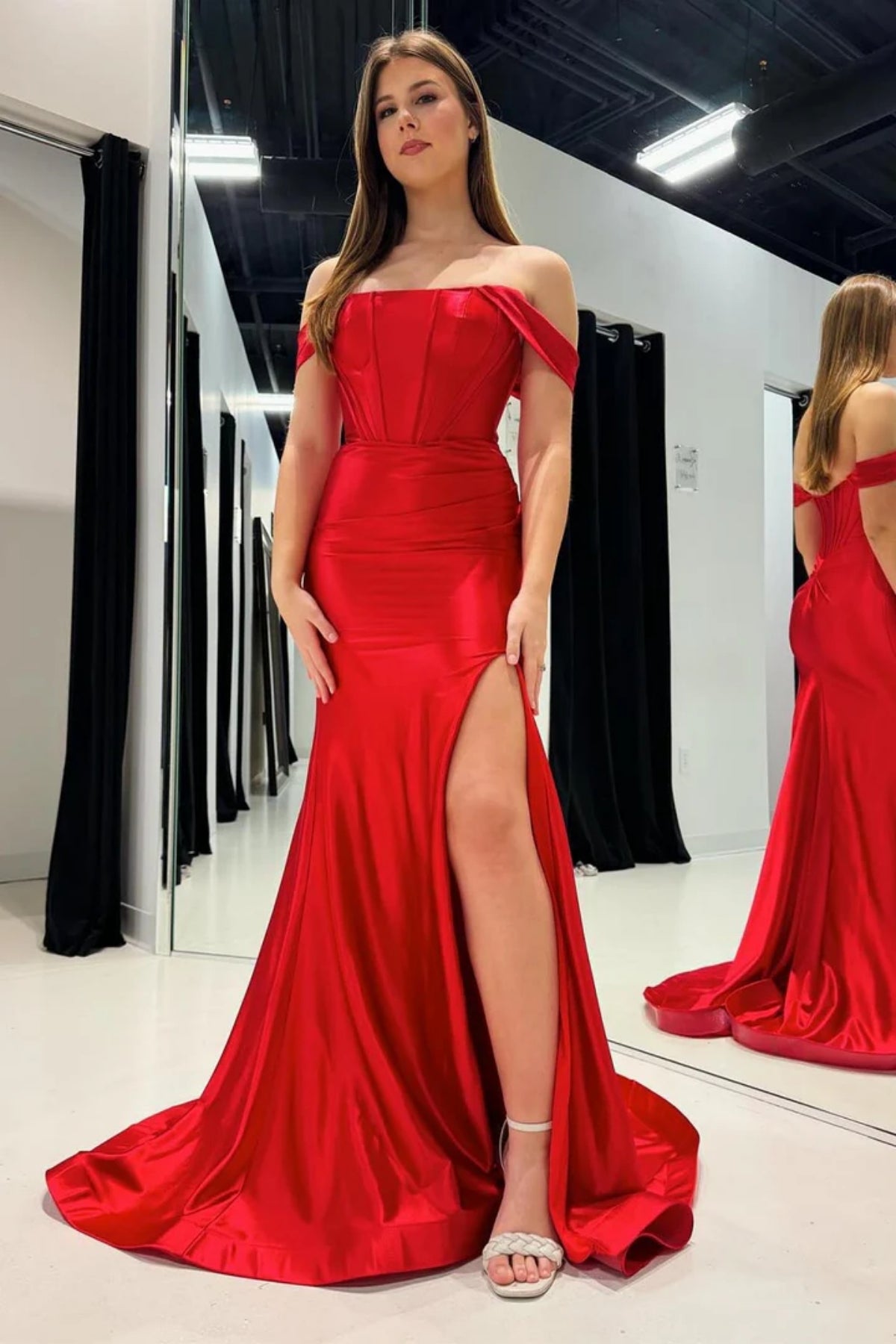 Red Satin Off the Shoulder Mermaid Long Prom Dresses, High Slit Red Formal Graduation Evening Dresses WT1582