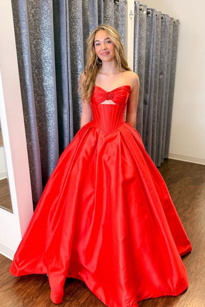 Red Satin Strapless A Line Long Prom Dresses, Red Formal Graduation Evening Dresses WT1799