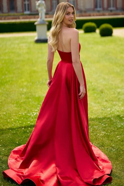 Red Satin Strapless Backless High Slit Long Prom Dresses, Long Red Formal Graduation Evening Dresses WT1594