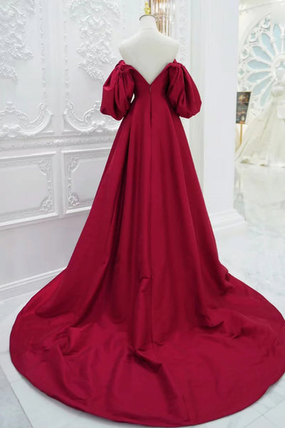 Red Satin V Neck Puff Sleeves Long Prom Dresses, Long Red Formal Graduation Evening Dresses WT1414